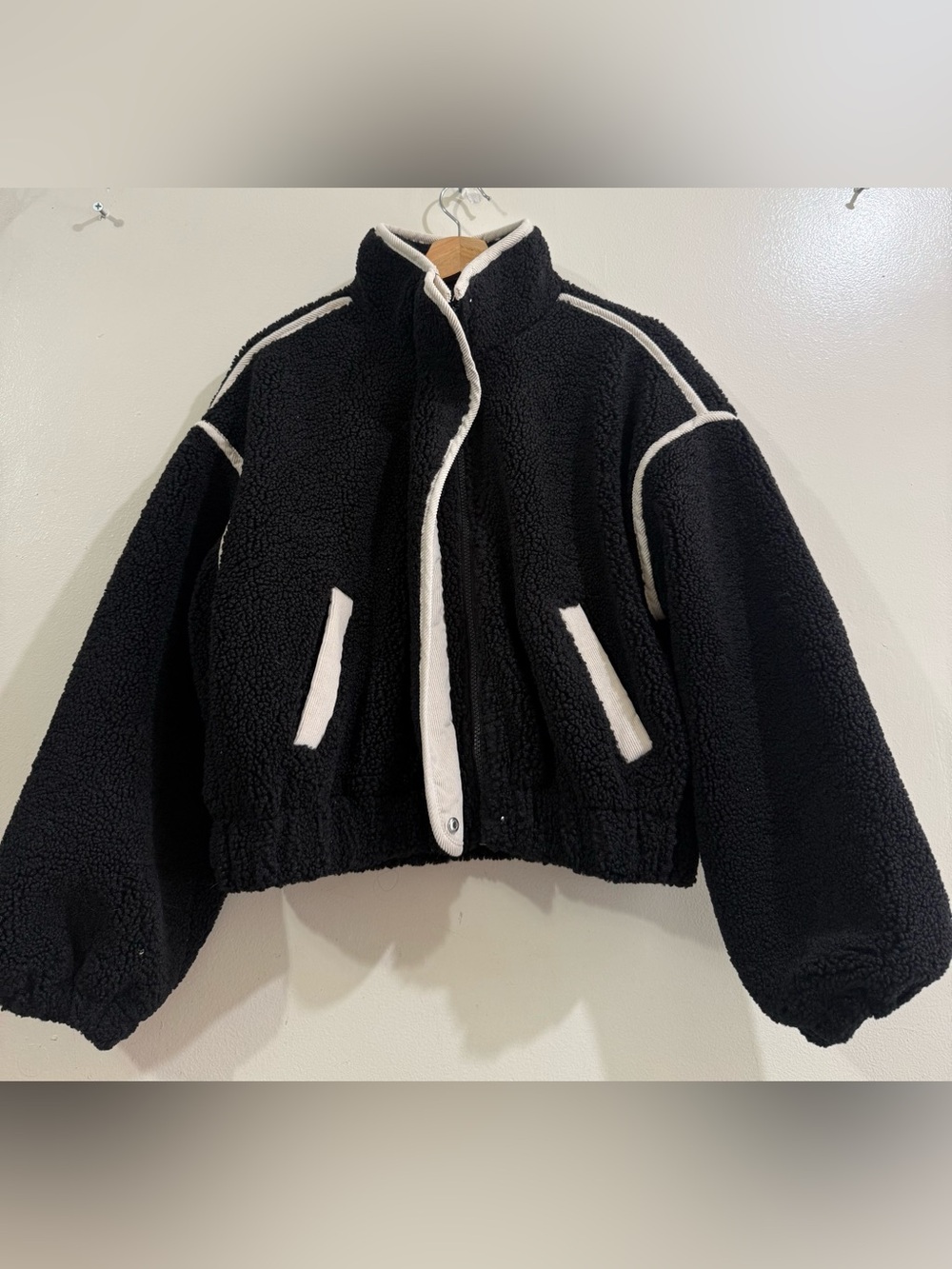 Elan Black Sherpa Bomber Jacket with Cream Trim